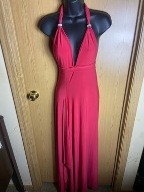Red Halter V-Neck Maxi Dress - Women